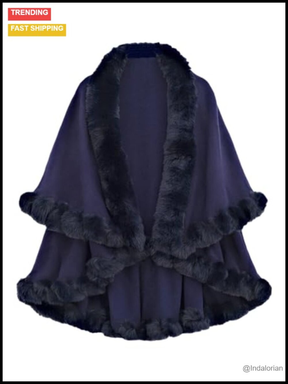 Faux Fur Trim Open Front Poncho Cape Sweater Winter Warm Shawl Wrap